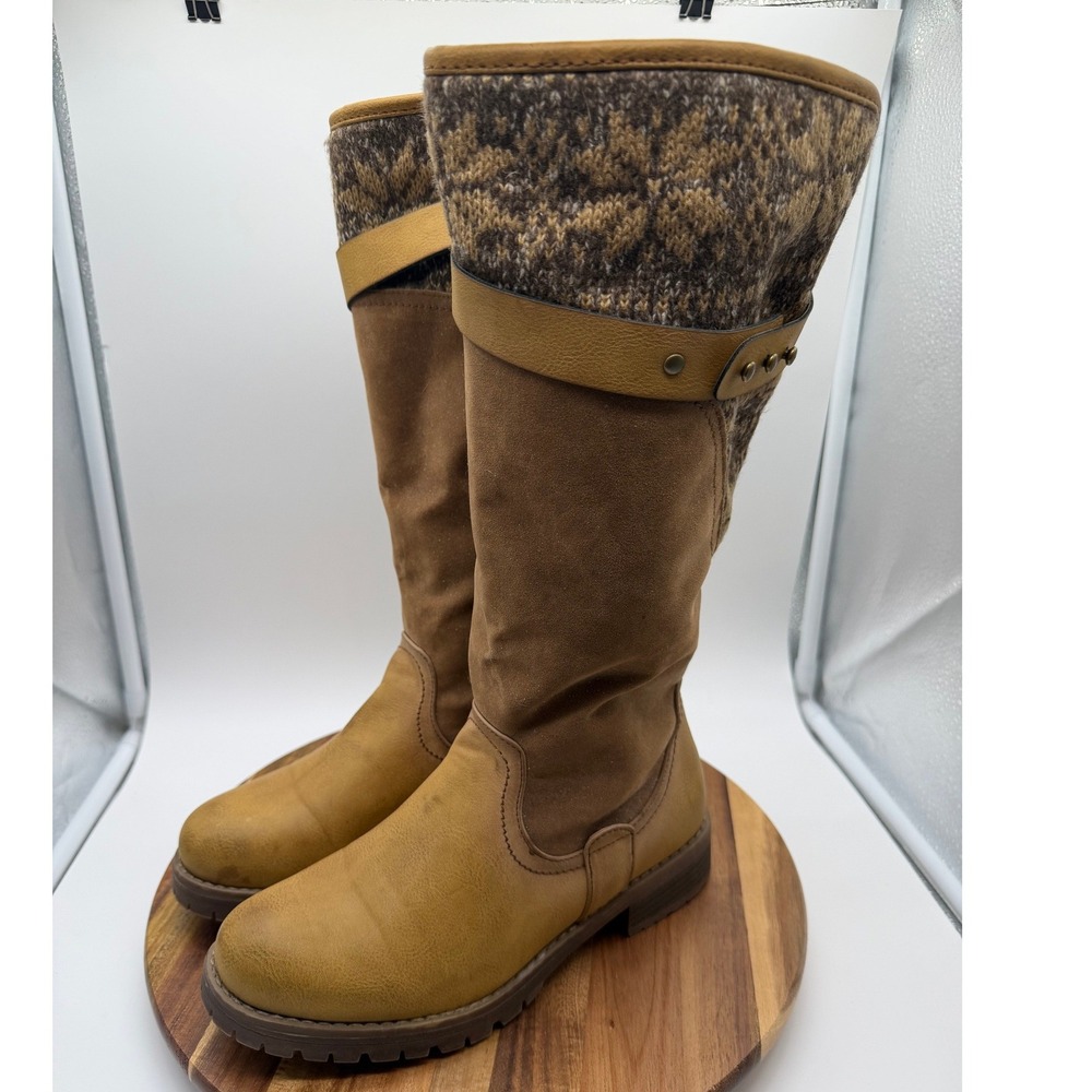 Muk Luks Women's Size 8 Tall Boots Brown Tan Knit Faux Suede Fur Lined  0365